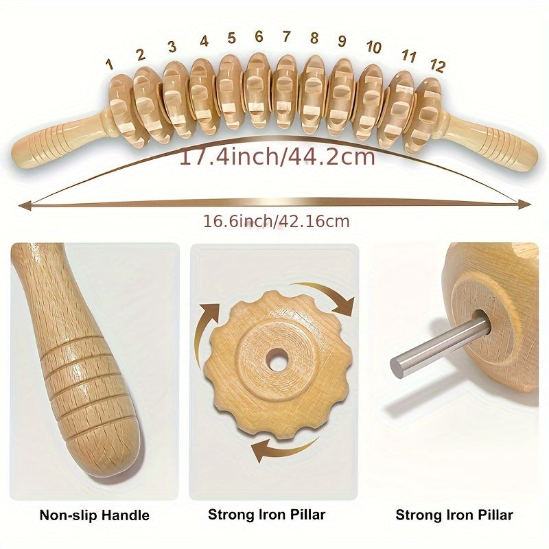 Wooden Curved Handheld Roller With 12 Rollers For Muscle Relaxation