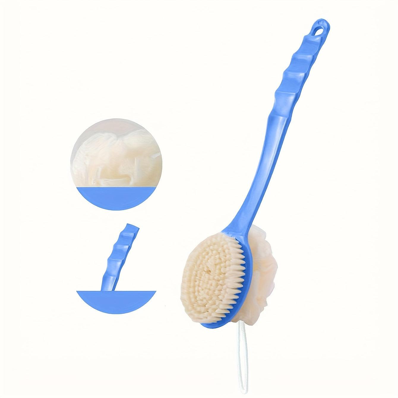 Curved Long Handled Bath Brush With Soft Loofah And Bristles